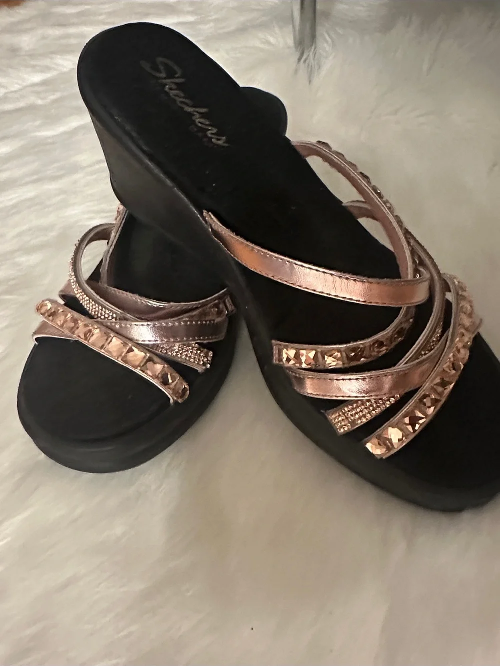 Skechers Metallic Rose Gold Studded Wedge Sandals